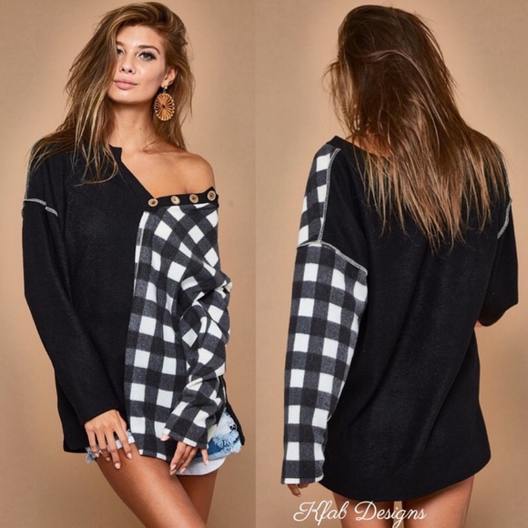 BiBi V-Neck Brushed Knit Dropped Shoulder Plaid Color Block PulloverTop Black - Picture 12 of 16